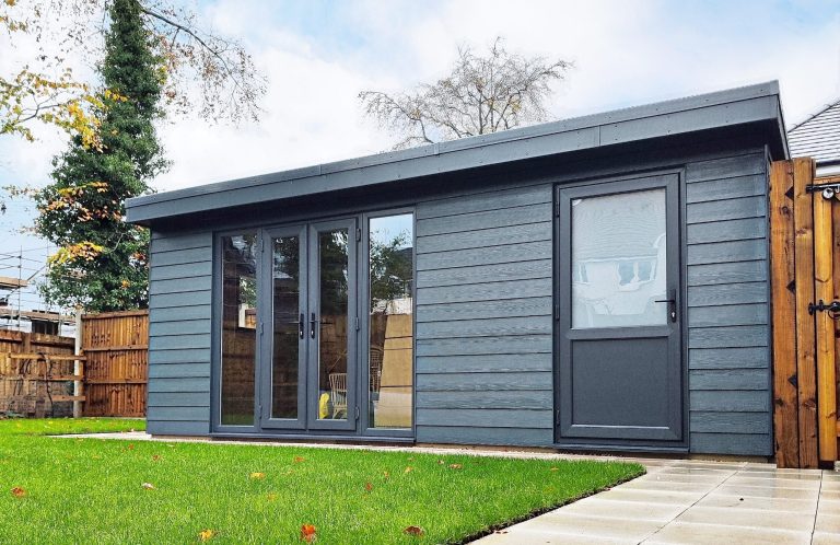 Modern grey garden building built by Nu-Bourne Landscapes in Saffron Walden
